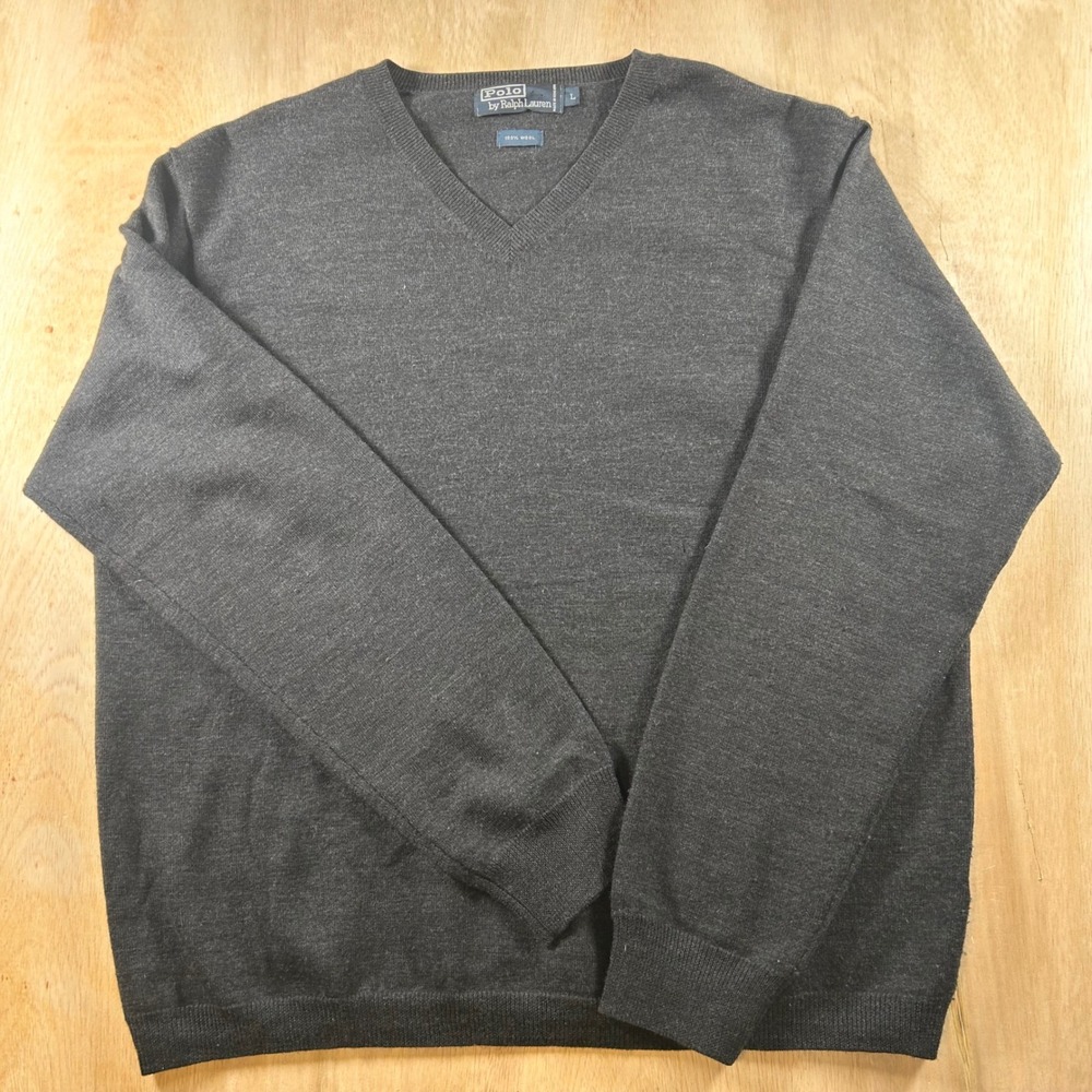 Polo Ralph Lauren Mens Charcoal Grey 100% Wool V-Neck Sweater Large